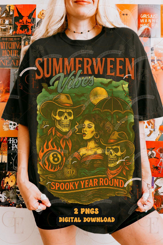 Summerween Vibes Western PNG, Retro Halloween Skeleton Collage, Spooky Gothic Country Shirt Design
