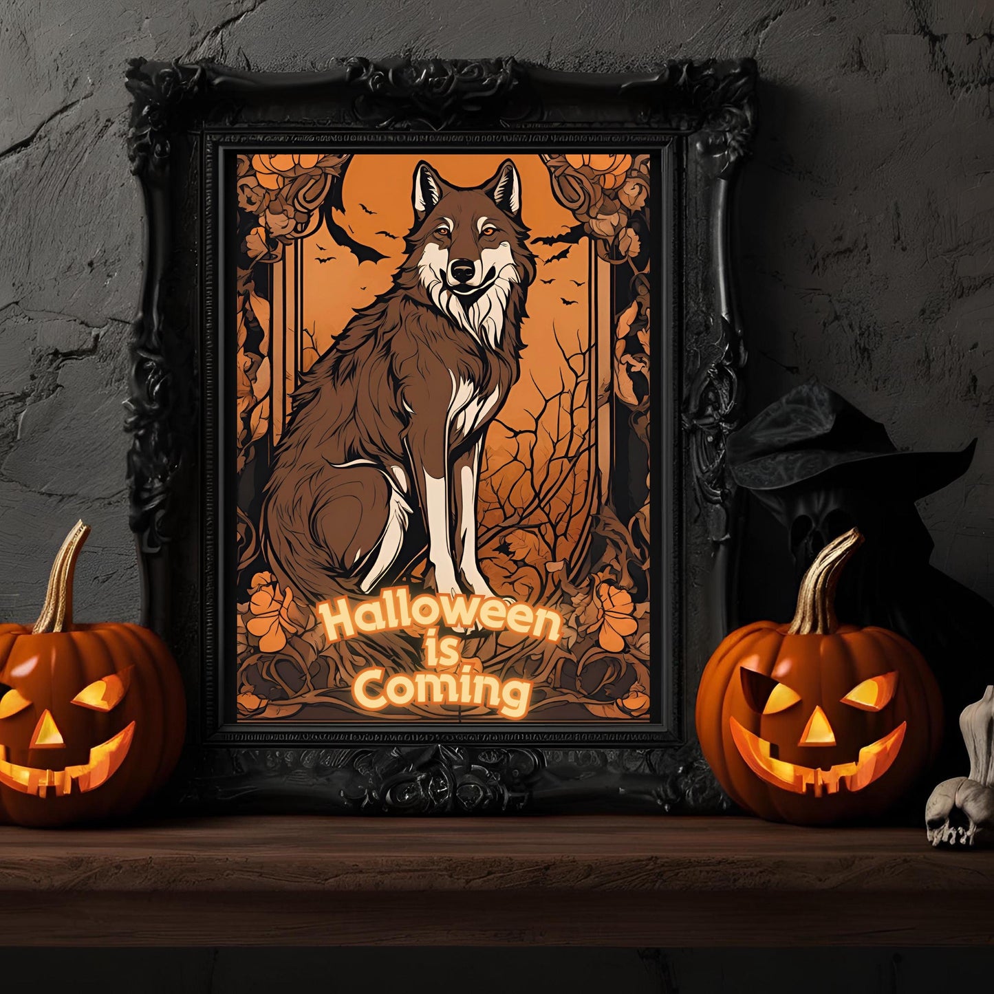 Halloween Wolves Wall Art Bundle, "House Spark" Spooky Halloween Art Nouveau Decoration
