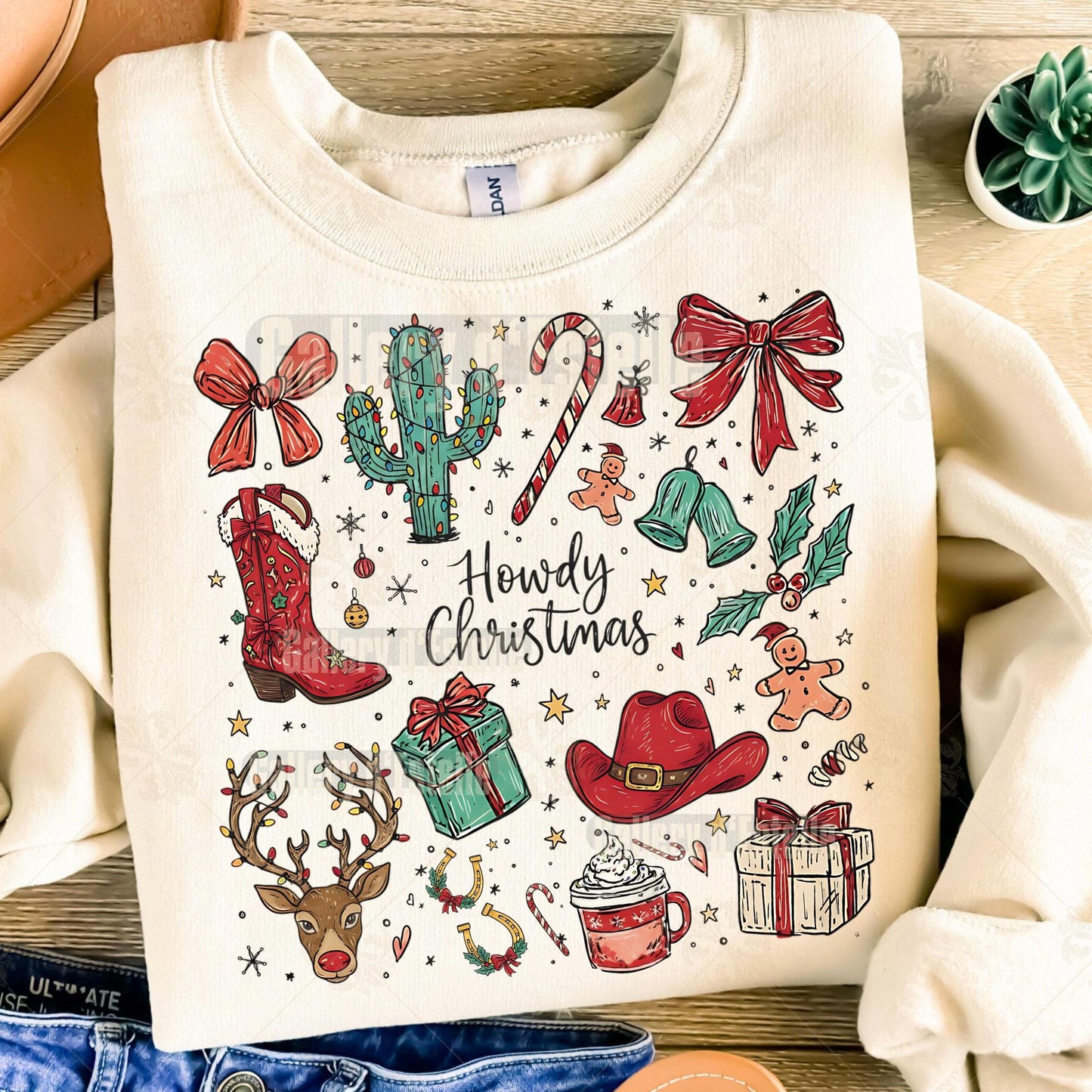 Coquette Cowgirl Christmas Collage PNG, Festive Western Doodle Art, Cowboy Reindeer Holiday Graphic, Trendy Country Shirt Design