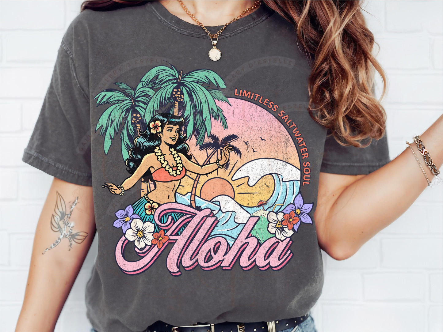 Aloha Summer PNG, Retro Hawaiian Coastal Hula Girl, Tropical Summer Beach Shirt Design
