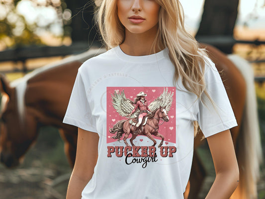 Pucker Up Cowgirl PNG, Vintage Western Valentine Graphic, Retro Cupid Horse Design, Trendy Country Shirt Sublimation