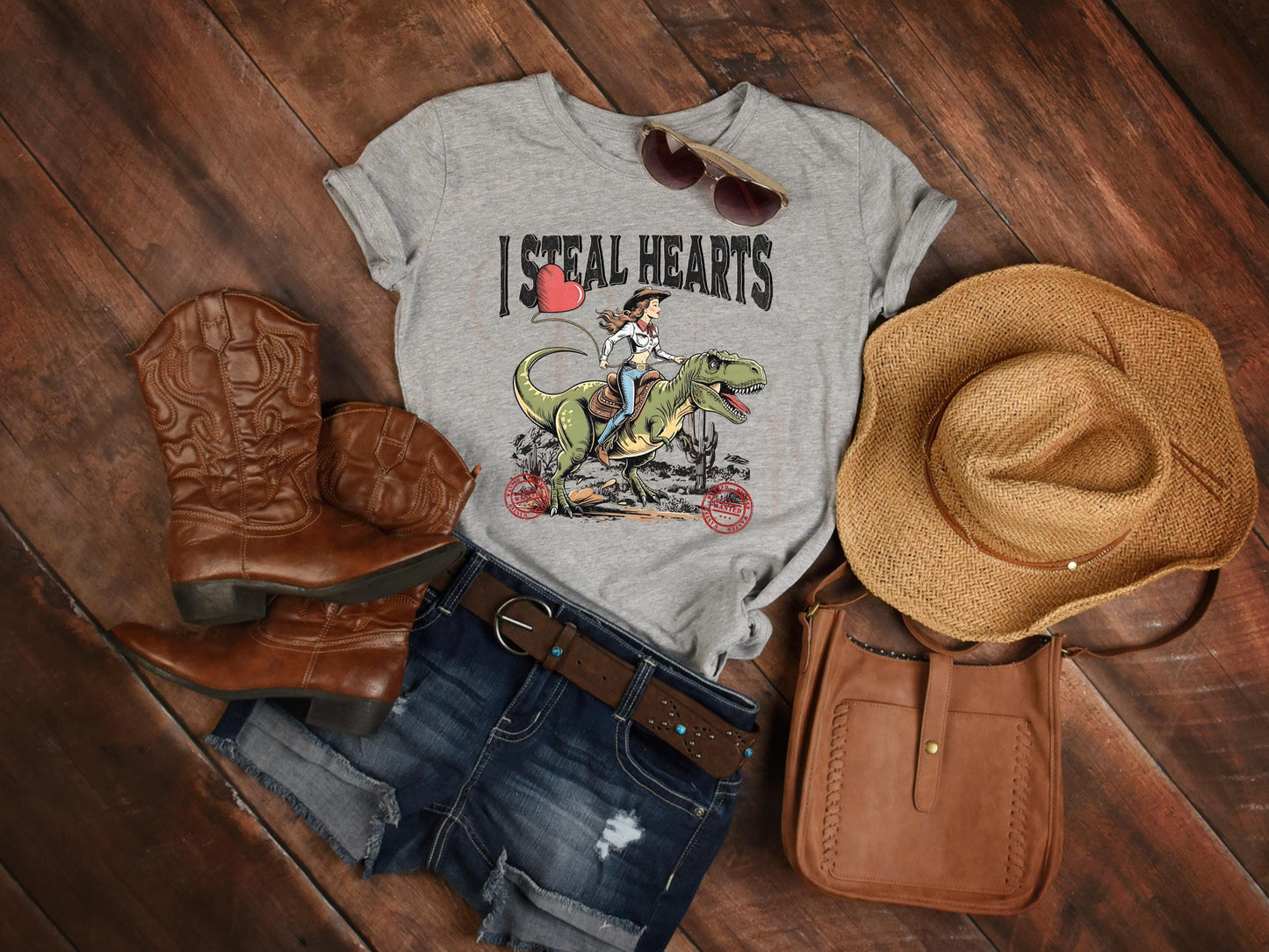 I Steal Hearts Western PNG, Retro Cowgirl Riding Dinosaur Rodeo Graphic, Cute Valentine Country Shirt Design