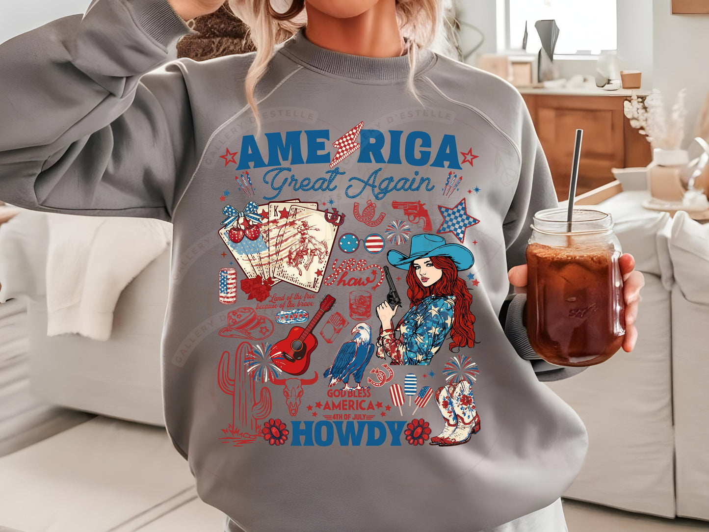 America Great Again PNG, Patriotic Cowgirl Collage, Western 4th of July Graphic, Trendy Checkered Country Shirt Design