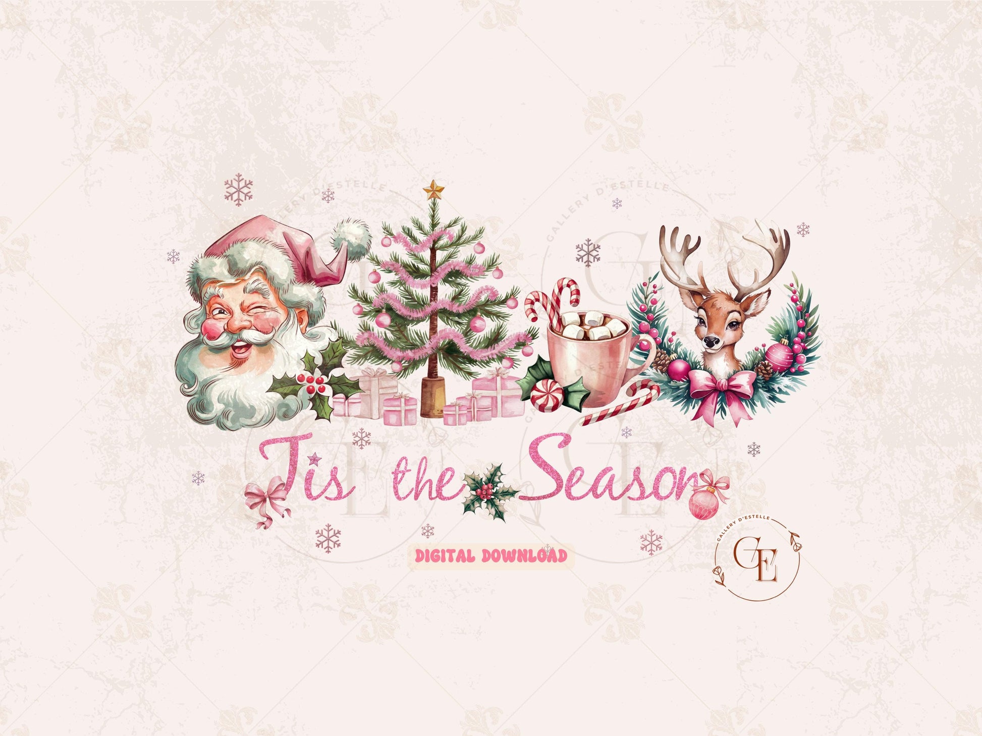 Tis the Season Christmas PNG, Retro Pink Holiday Graphic, Cute Santa and Reindeer Design, Coquette Festive Shirt Sublimation