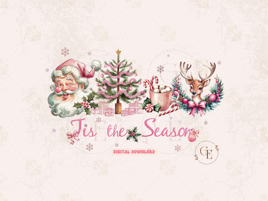 Tis the Season Christmas PNG, Retro Pink Holiday Graphic, Cute Santa and Reindeer Design, Coquette Festive Shirt Sublimation