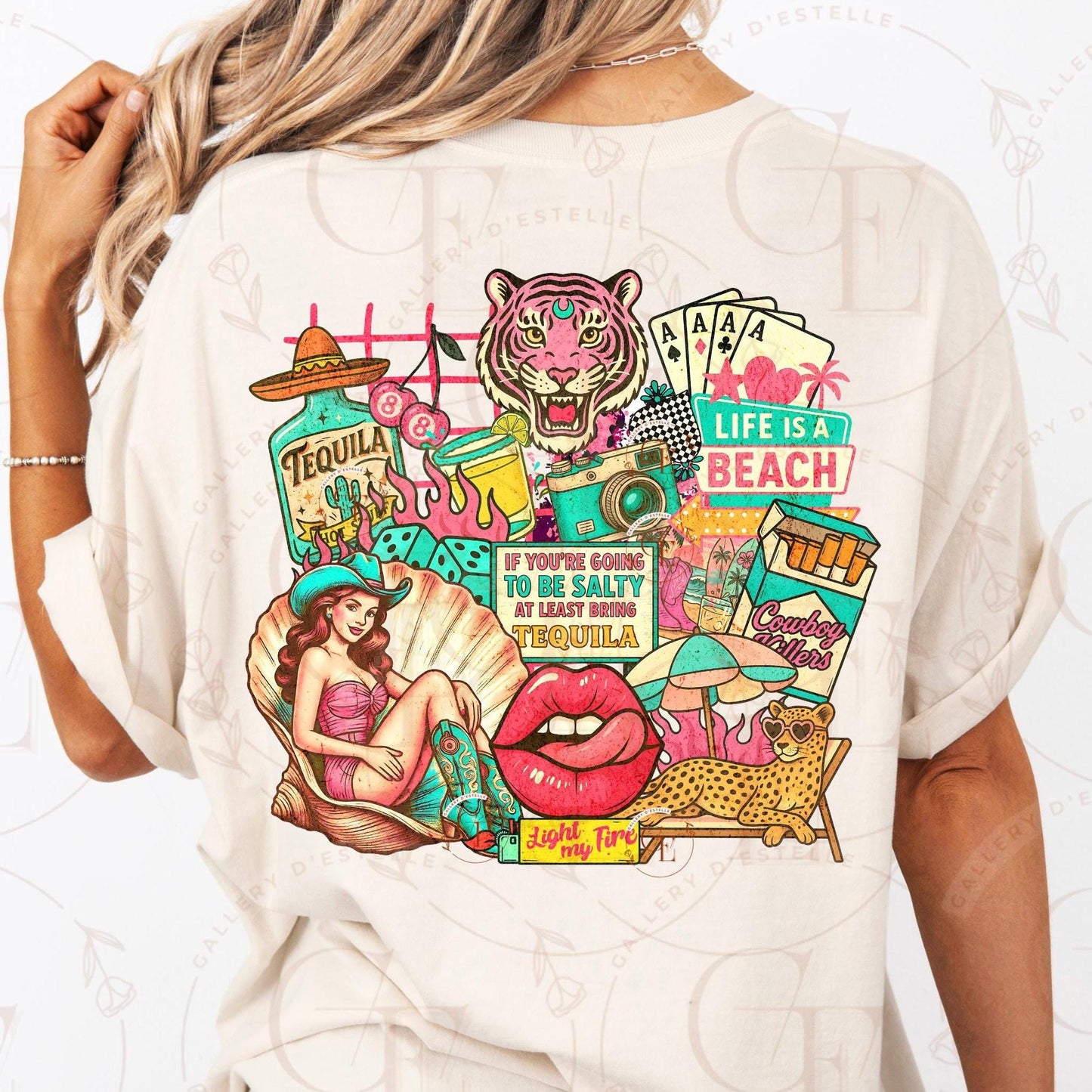 Yallternative Cowgirl Summer Collage PNG, Retro Coastal Girl Mermaid Art, Trendy Country Beach Shirt Design