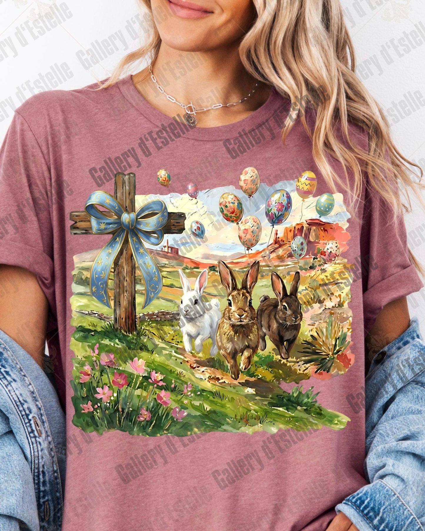 Christian Easter Bunny PNG, Coquette Cross Spring Scene, Vintage Religious Rabbit Art, Western Faith Shirt Design