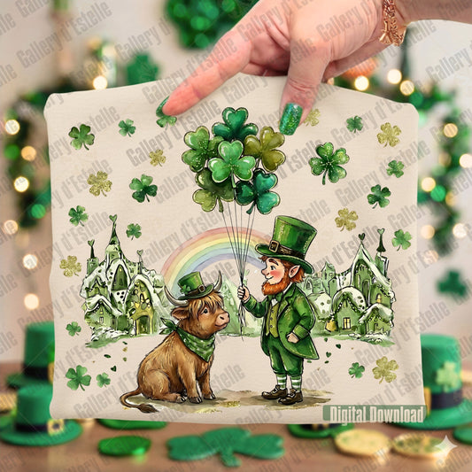 St. Patrick's Day themed shirt with a leprechaun and a highland cow in a green village with shamrock decorations.