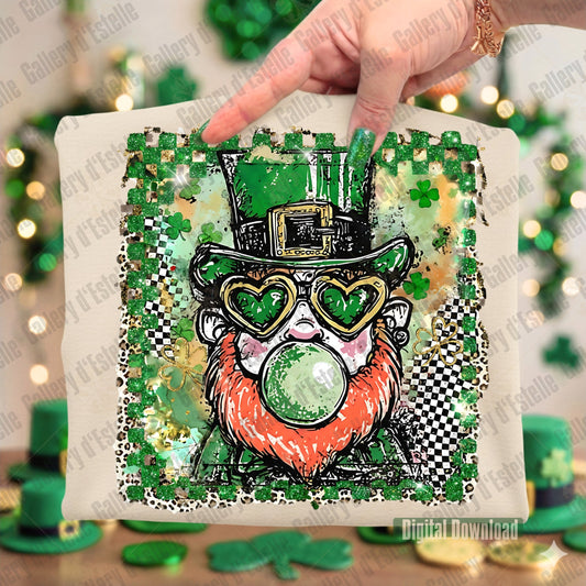 Beige Shirt with a St Patrick's Leprechaun PNG with preppy checkered leopard print pattern, lucky coquette shirt design for instant download