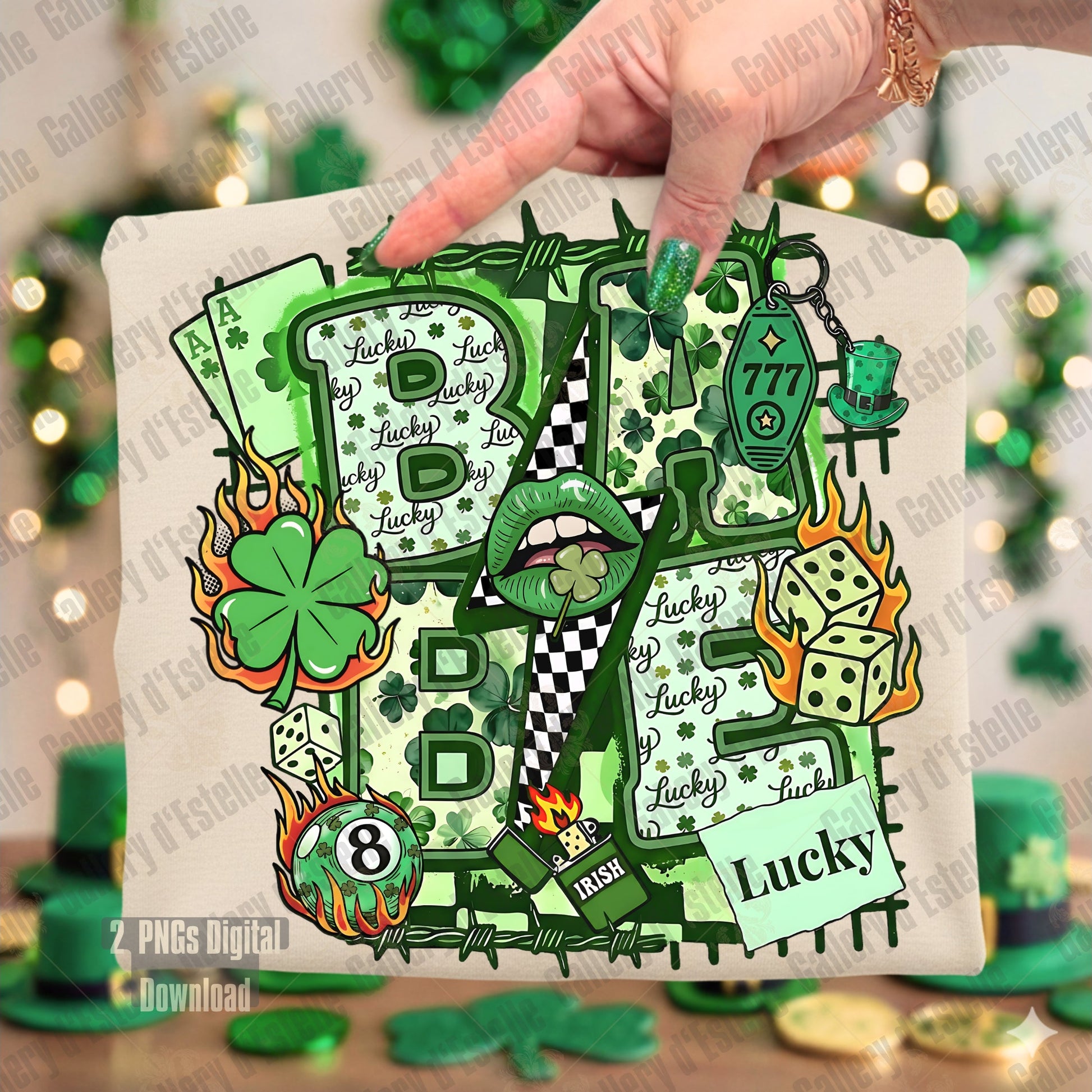 Beige t-shirt with the phrase "Babe" surrounded by St Patrick's Day Casino elements and shamrock patterns.