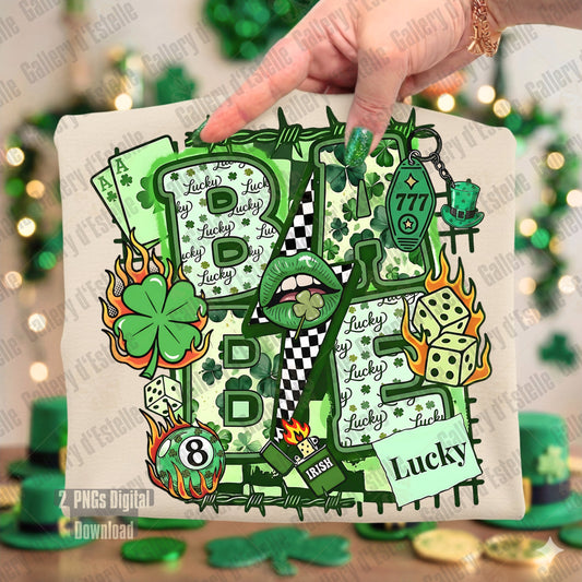 Beige t-shirt with the phrase "Babe" surrounded by St Patrick's Day Casino elements and shamrock patterns.