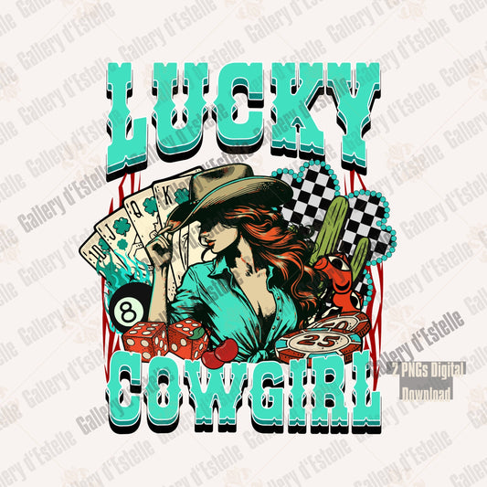 Vintage-style graphic with a cowgirl, playing cards, and cactus on a white background.