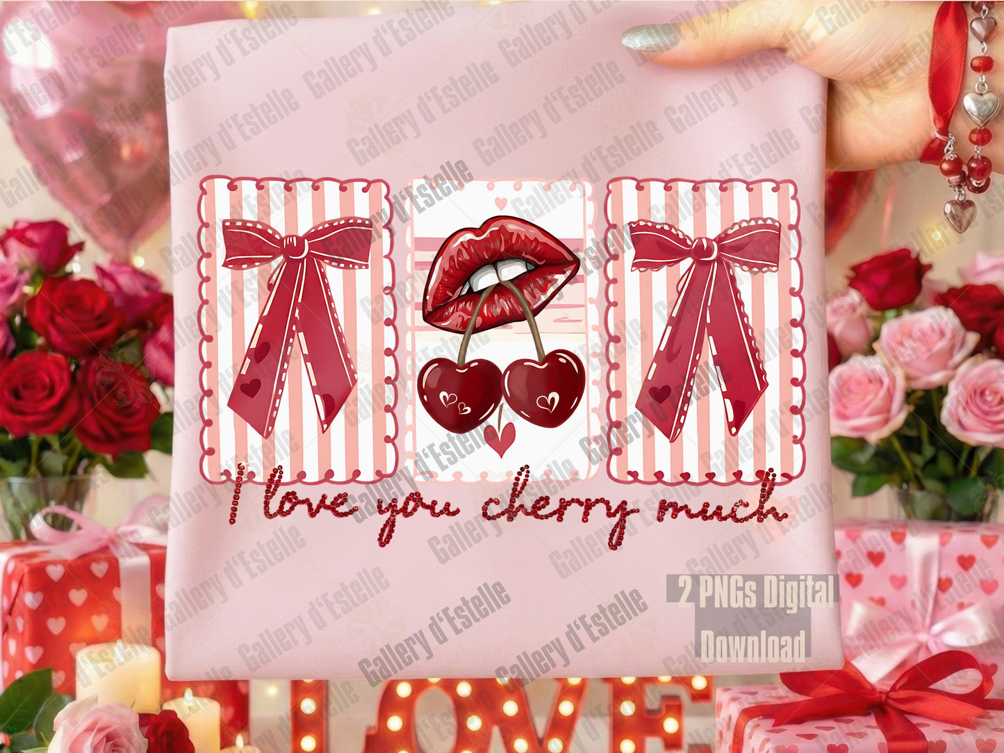 Love You Cherry Much Valentine PNG with pink lips, cherry hearts, and coquette bows
