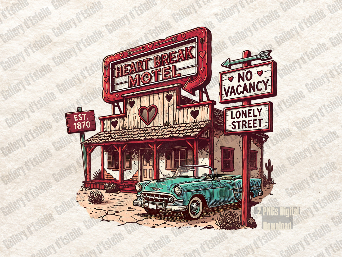 Heart Break Motel retro Western hotel sign PNG with vintage broken heart design
