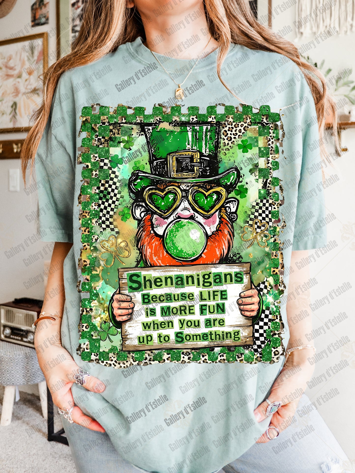 Shenanigans St Patrick’s Day PNG, Retro Leprechaun Graphic, Checkered Leopard Shamrock Art, Funny Lucky Shirt Design
