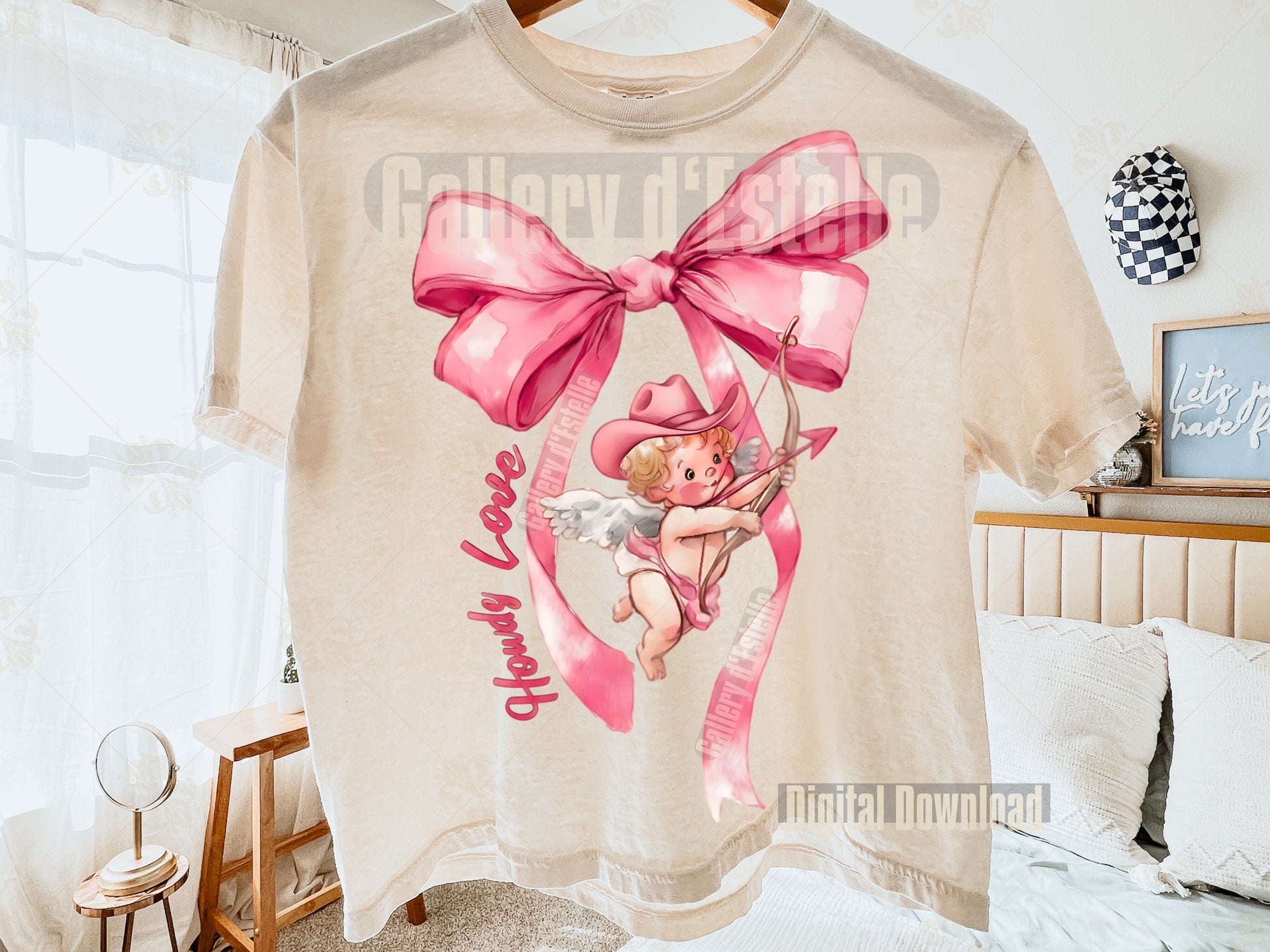 This adorable design brings together soft coquette pinks, a flowing satin bow, and the sweetest little cowboy cupid for a dreamy Western-Valentine moment