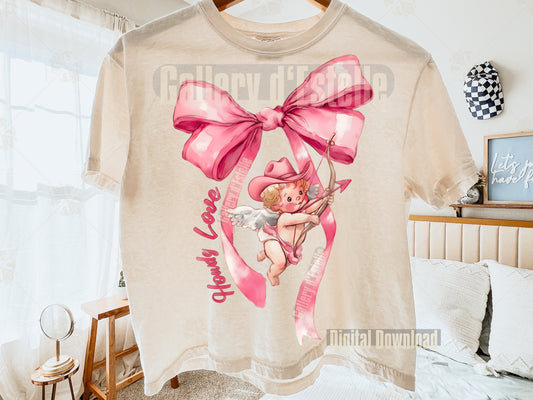 This adorable design brings together soft coquette pinks, a flowing satin bow, and the sweetest little cowboy cupid for a dreamy Western-Valentine moment