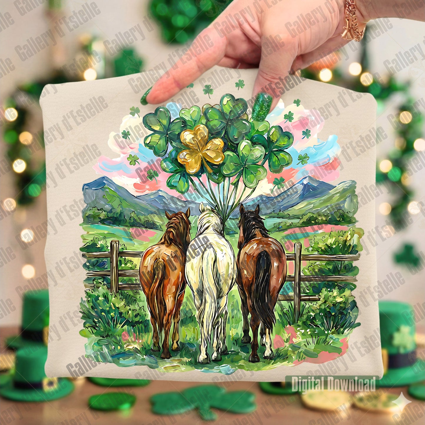 Folded Beige T-shirt with a design of three Western St Patrick's Day horses and shamrock shaped balloons.