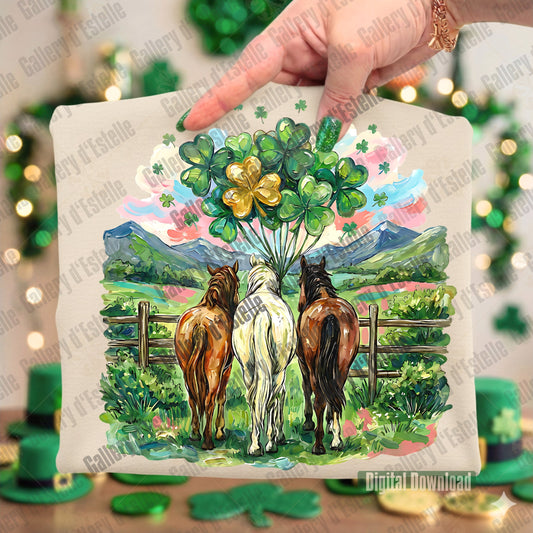 Folded Beige T-shirt with a design of three Western St Patrick's Day horses and shamrock shaped balloons.