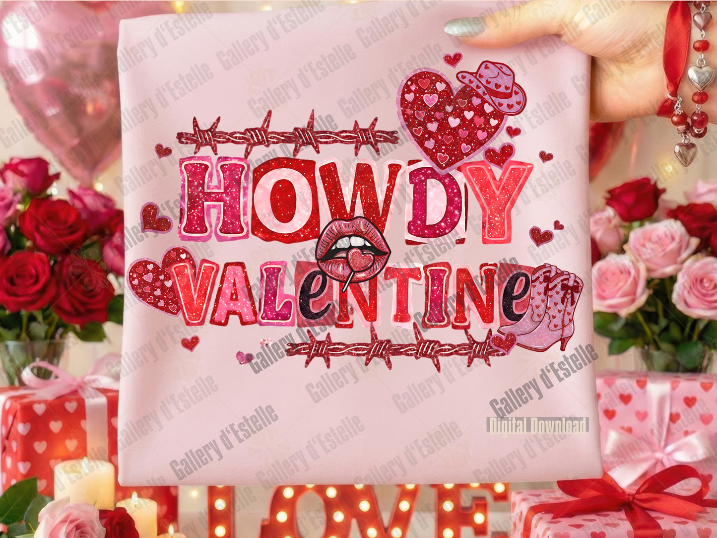 Howdy Valentine PNG, Retro Western Glitter Illustration, Edgy Cowgirl Love Graphic, Coquette VDay Shirt Design