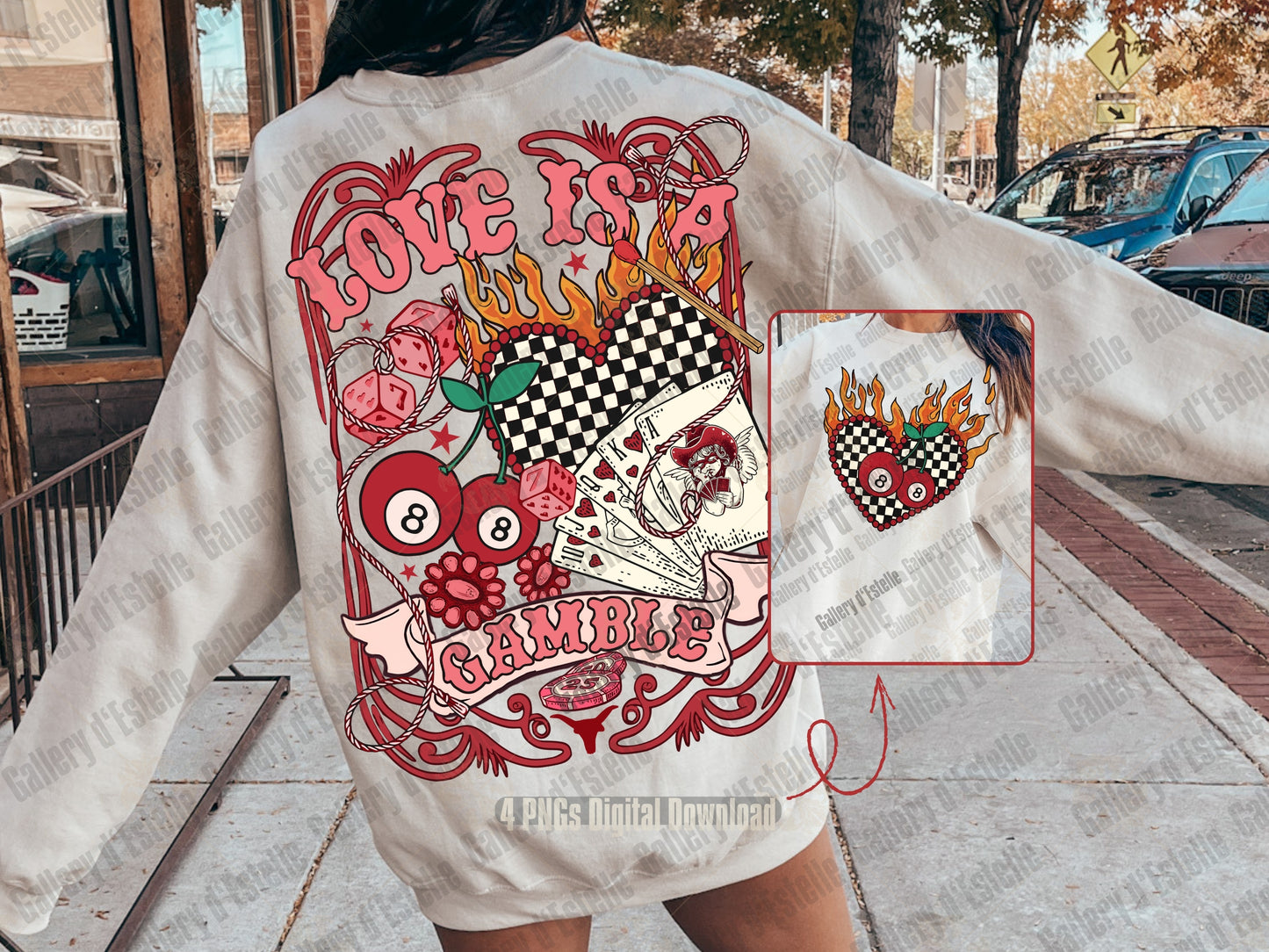 Love Is A Gamble Western Valentine PNG with cowboy casino elements, dice, and rodeo charm
