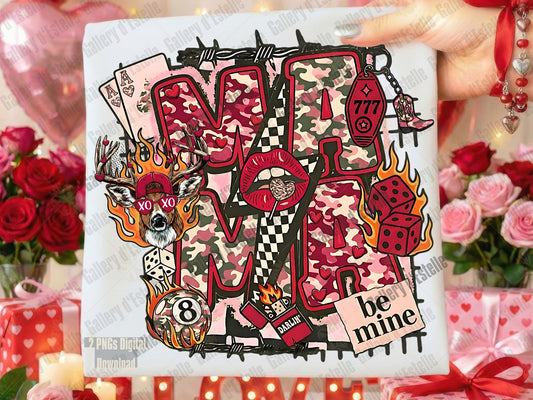 White folded t-shirt featuring bold camo Mama text with casino elements and love hunting Valentine's Day design