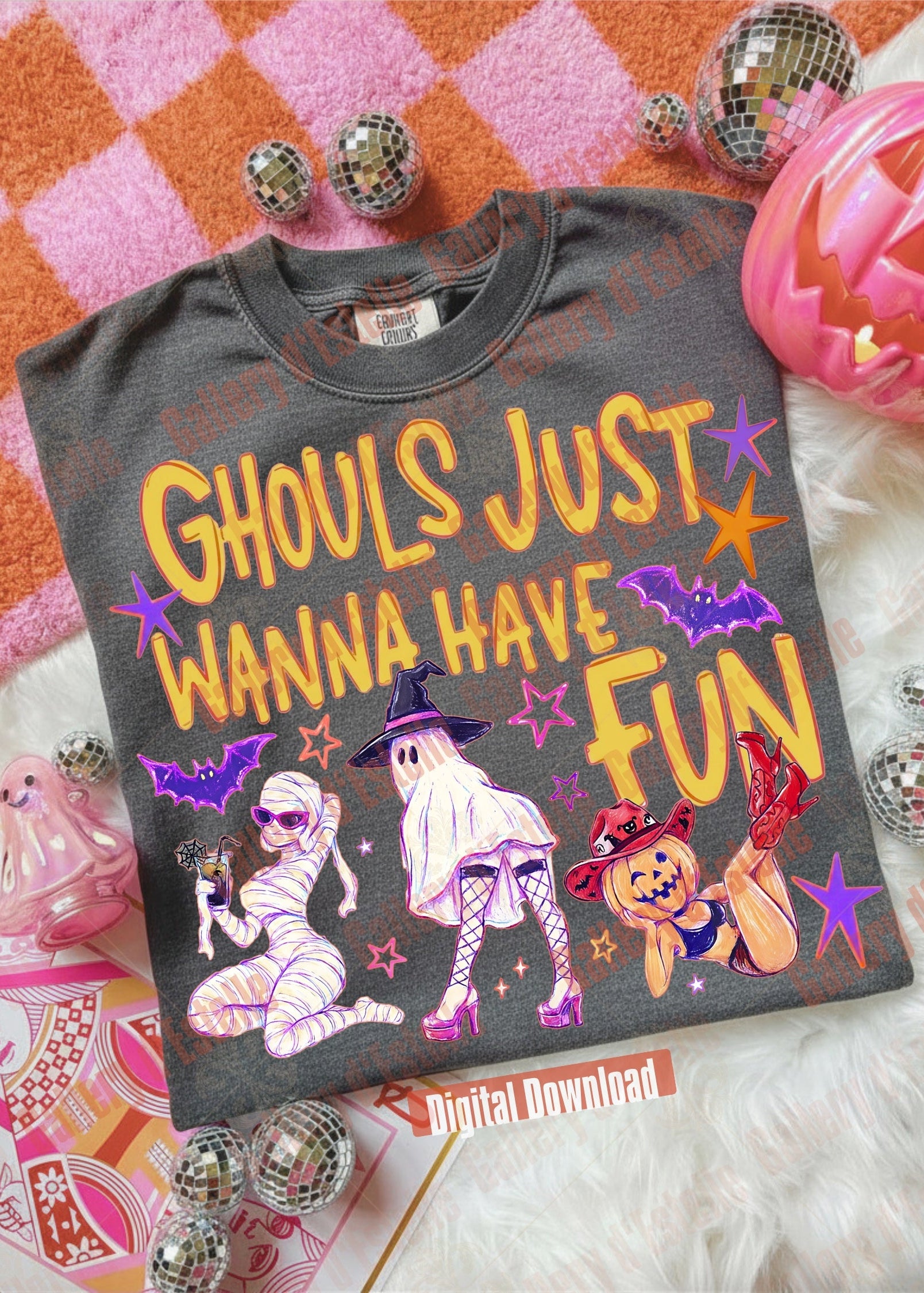 Gray t-shirt with Halloween-themed design and text on a checkered fabric background