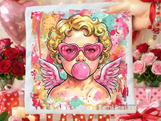 Preppy Cupid Valentine PNG with colorful watercolor angel and bubblegum pink tones
