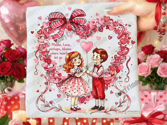 Valentine Kids PNG with retro love story illustration and coquette pink heart art for Valentine's Day shirt design