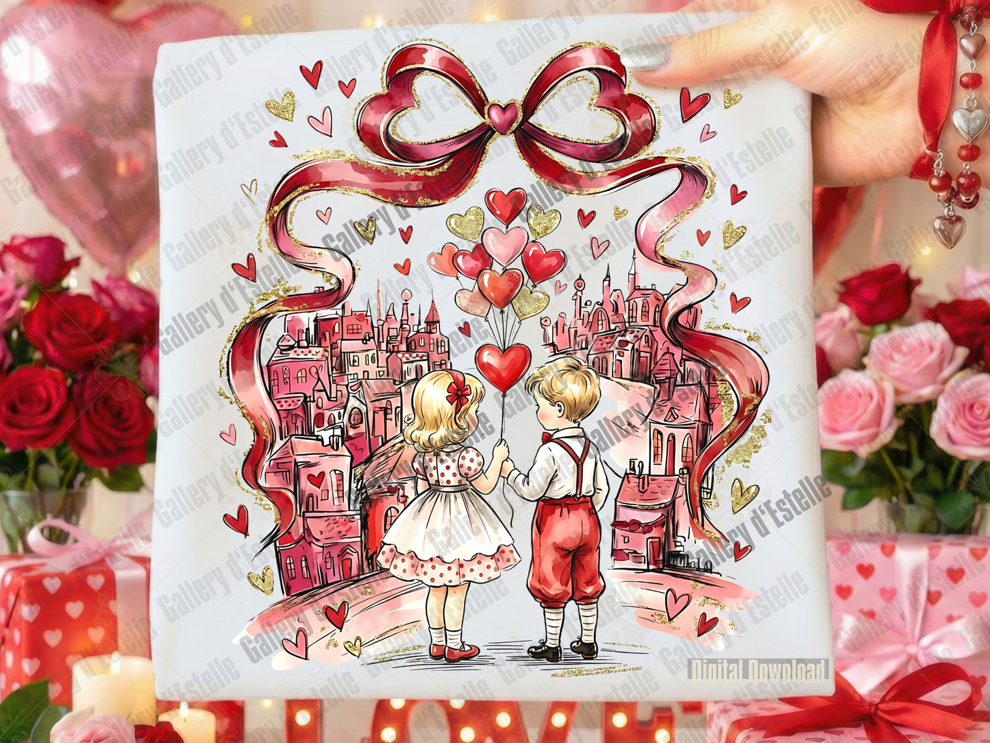 Coquette Valentine Kids PNG with retro love graphic and pink bow