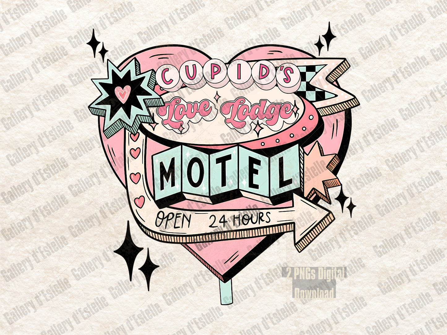 Cupid's Love Lodge retro Valentine motel sign PNG with pink Western coquette design

