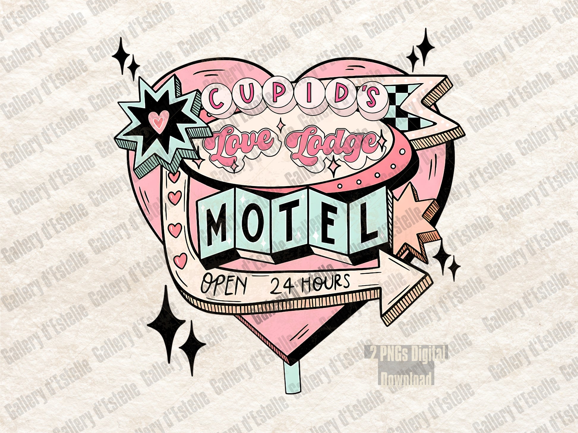 Cupid's Love Lodge retro Valentine motel sign PNG with pink Western coquette design
