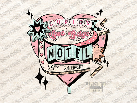 Cupid's Love Lodge retro Valentine motel sign PNG with pink Western coquette design
