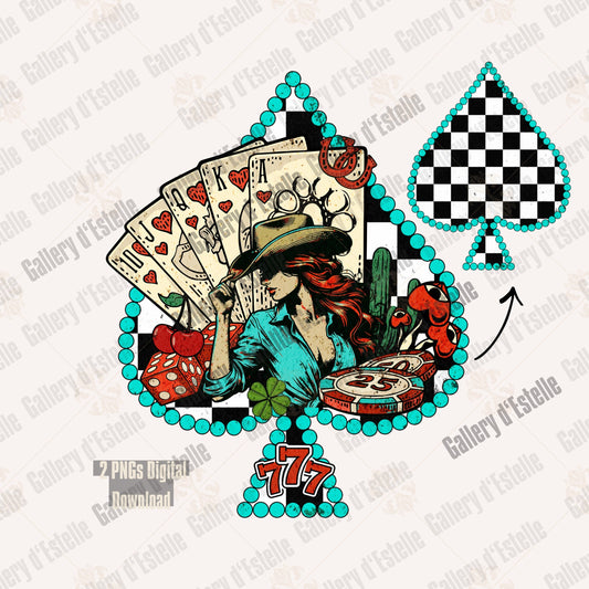 Illustration of a casino design inside a spade shaped checkered frame with cards and a cowgirl on a white background.