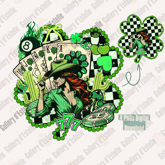 St. Patrick's Day-themed design with cowgirl, shamrocks, and casino elements on a white background.