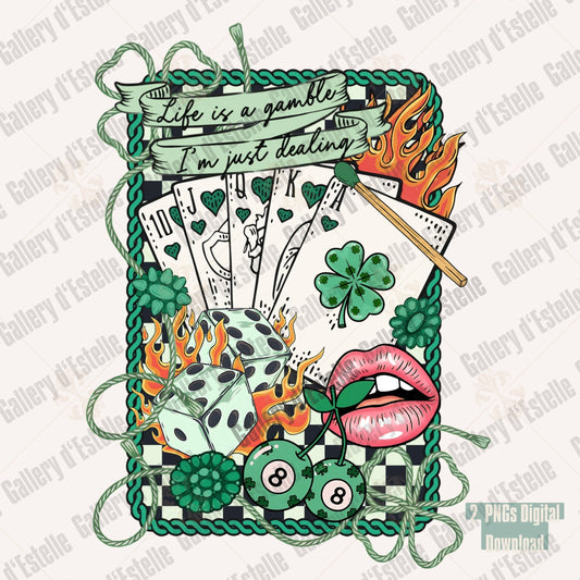 Colorful St Patrick's Day graphic with playing cards, dice, and other casino elements with the quote" Life is a gamble, i'm just dealing" on a white background.