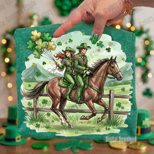 Digital download of a St. Patrick's Day design with a cowgirl and a cowboy on a horse, surrounded by shamrocks.