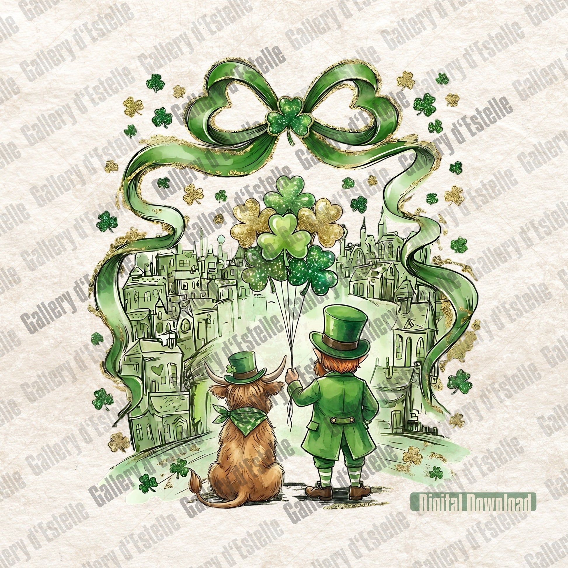 St. Patrick's Day-themed illustration with a leprechaun and highland cow, green ribbons, and shamrocks on a light background.