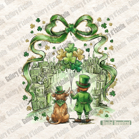 St. Patrick's Day-themed illustration with a leprechaun and highland cow, green ribbons, and shamrocks on a light background.