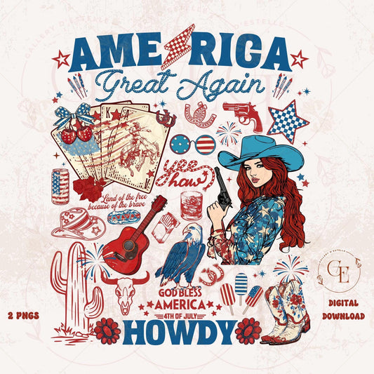 America Great Again PNG featuring patriotic cowgirl collage with western 4th of July elements and turquoise checkered pattern for country shirt design