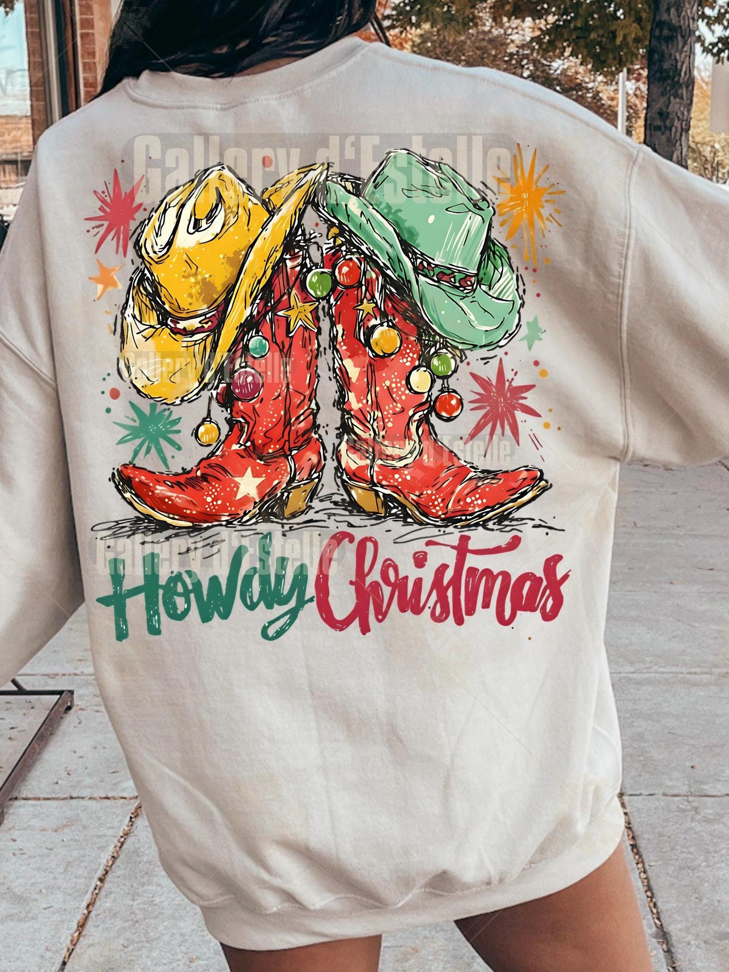 Western Howdy Boots PNG, Festive Cowboy Christmas Graphic, Coquette Cowgirl Holiday Shirt Design