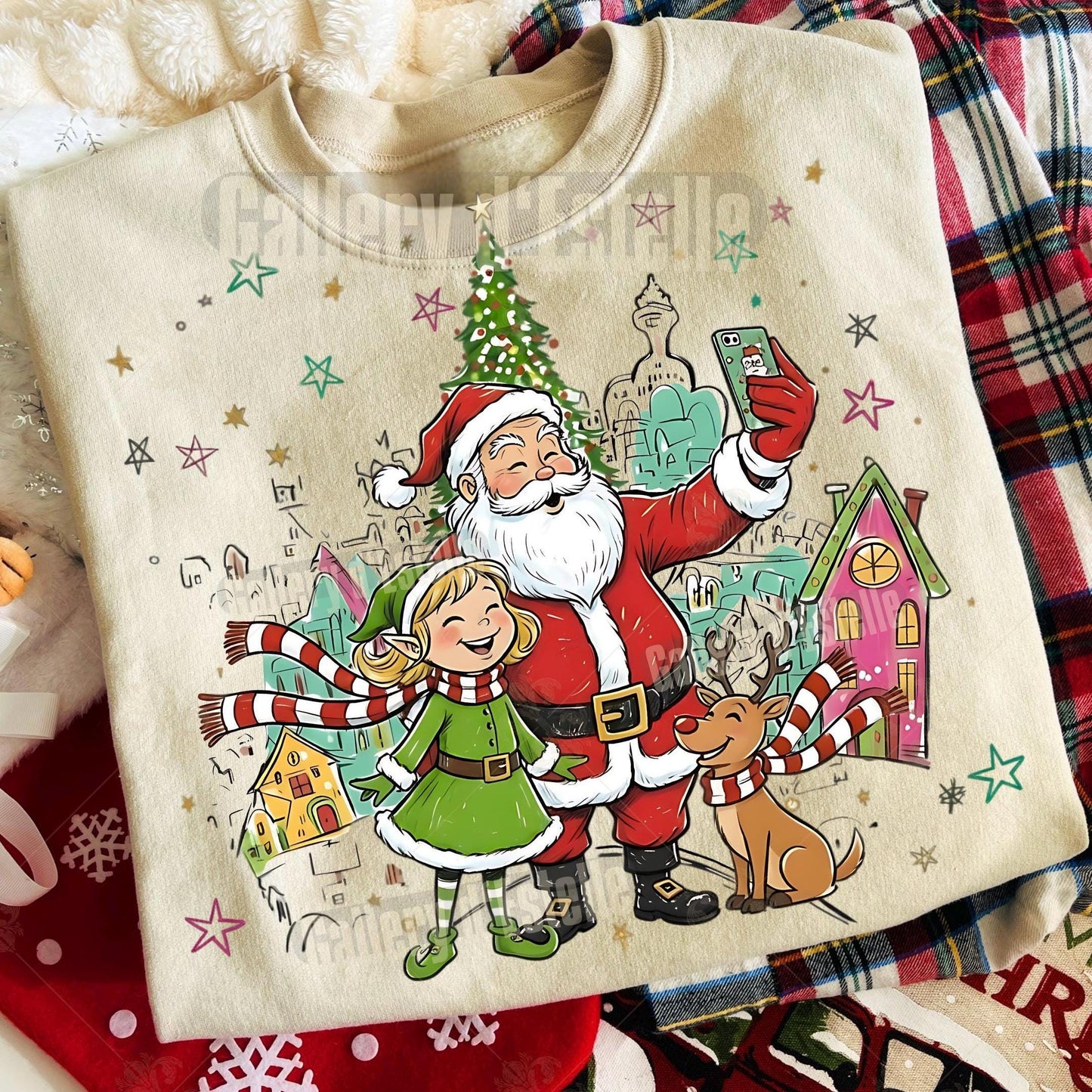 Retro Christmas Town PNG, Whimsical Santa and Elf Graphic, Preppy Holiday Scene Design, Festive Shirt Sublimation