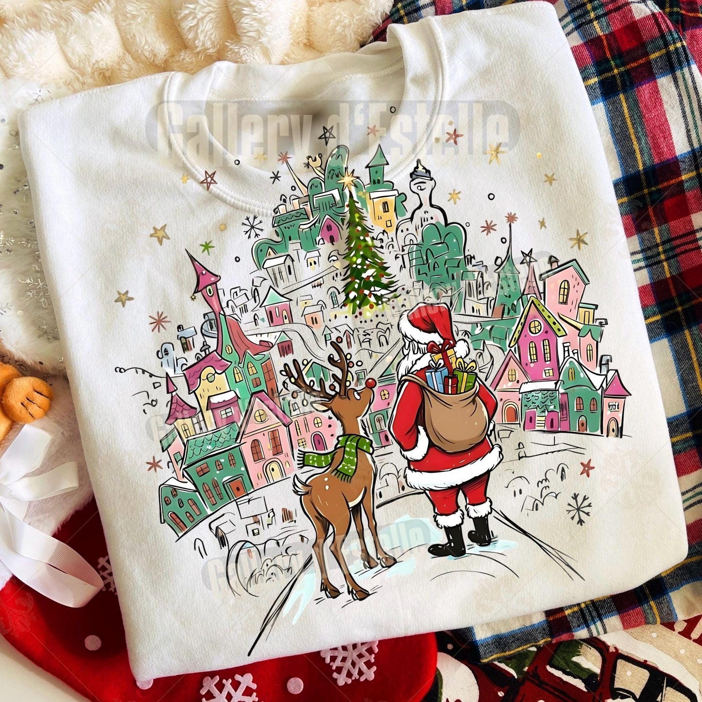 Retro Santa Town PNG, Coquette Christmas Reindeer Graphic, Nostalgic Holiday Sublimation, Festive Shirt Design