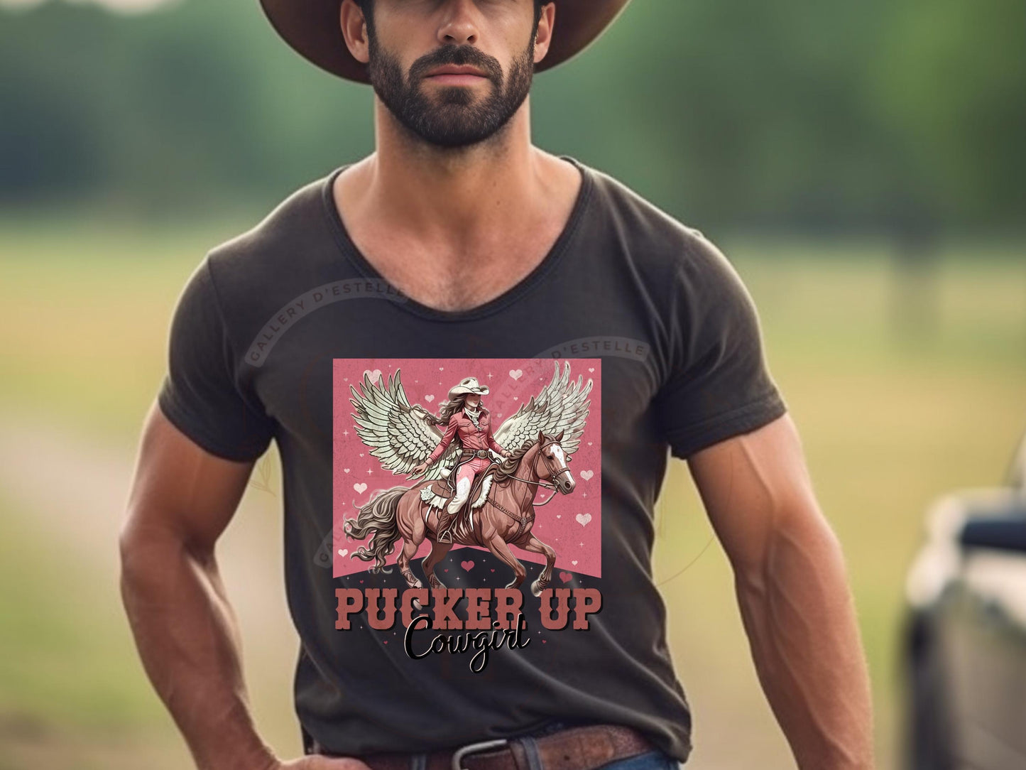 Pucker Up Cowgirl PNG, Vintage Western Valentine Graphic, Retro Cupid Horse Design, Trendy Country Shirt Sublimation