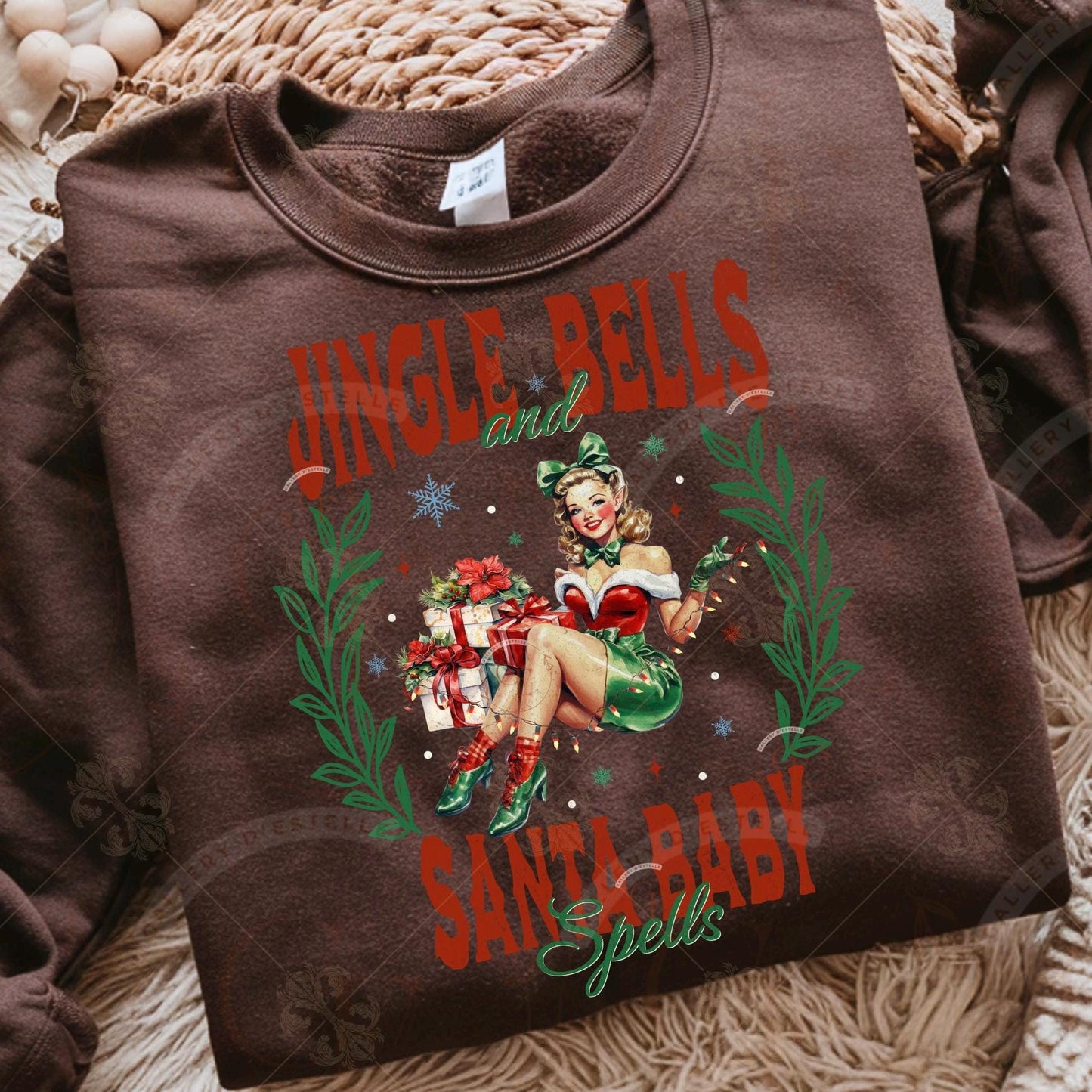 Jingle Bells and Santa Baby Spells PNG, Retro Pinup Girl Art, Cute Vintage Christmas Graphic, Coquette Holiday Shirt