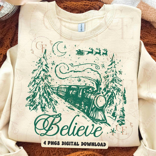 Believe Christmas PNG, Retro Holiday Train Graphic, Festive Vintage Santa Shirt Design