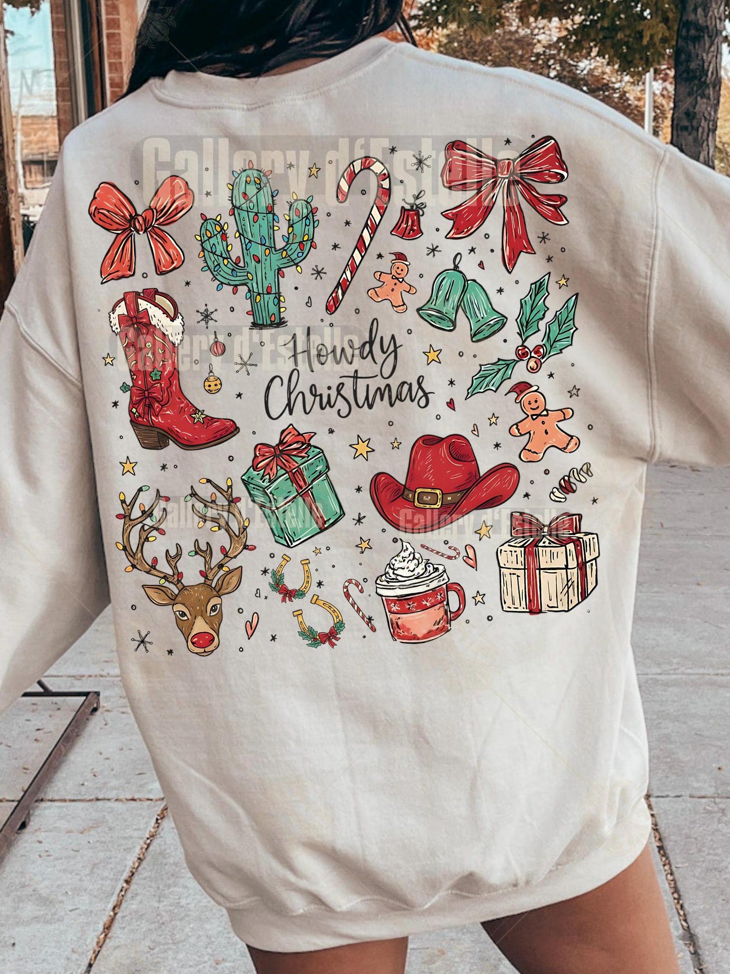 Coquette Cowgirl Christmas Collage PNG, Festive Western Doodle Art, Cowboy Reindeer Holiday Graphic, Trendy Country Shirt Design