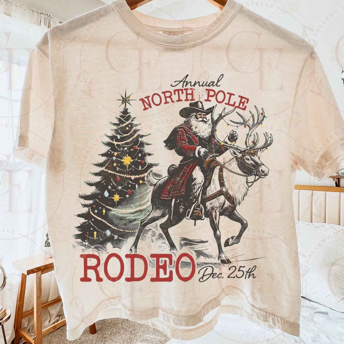 North Pole Rodeo PNG, Retro Cowboy Christmas Graphic, Santa Riding Reindeer Western Design, Vintage Holiday Shirt Sublimation