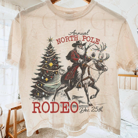 North Pole Rodeo PNG, Retro Cowboy Christmas Graphic, Santa Riding Reindeer Western Design, Vintage Holiday Shirt Sublimation