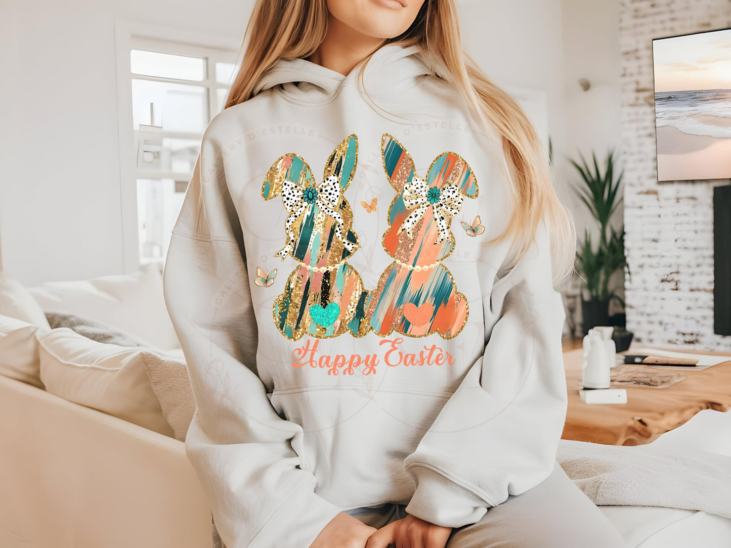 Coquette Glitter Bunnies PNG, Gold Coral Brushstroke Art, Cowgirl Easter Graphic, Trendy Country Shirt Design